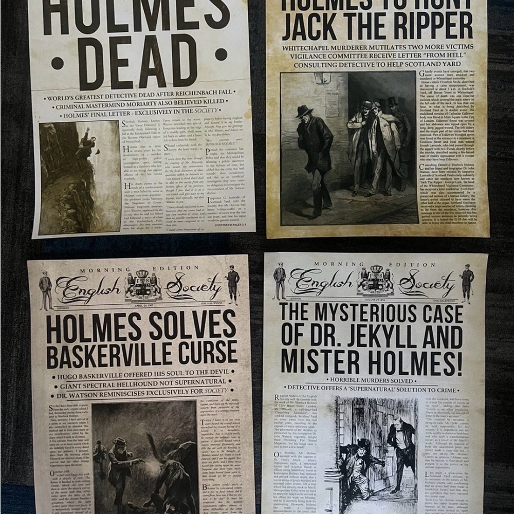 Four Sherlock Holmes Retro Newspaper Style Posters